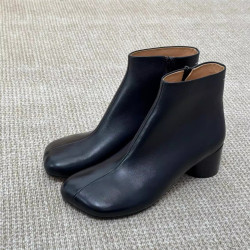 小衆設計高跟短靴2025秋冬新款真皮方頭百搭經典簡約粗跟及踝靴女