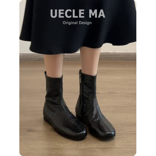 水洗羊皮~法式平底短靴女2025春秋款復古馬丁靴小個子洋氣瘦瘦靴