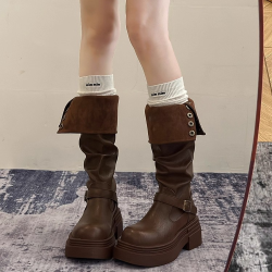 復古百搭英倫風長筒靴女2025年新款秋冬季厚底增高顯瘦高筒騎士靴