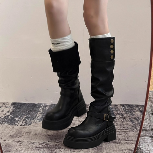 復古百搭英倫風長筒靴女2025年新款秋冬季厚底增高顯瘦高筒騎士靴