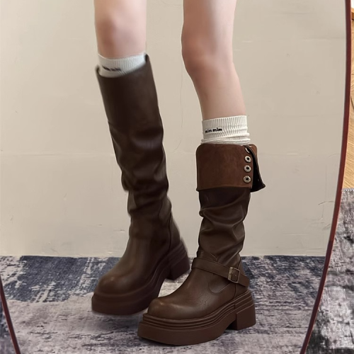 復古百搭英倫風長筒靴女2025年新款秋冬季厚底增高顯瘦高筒騎士靴
