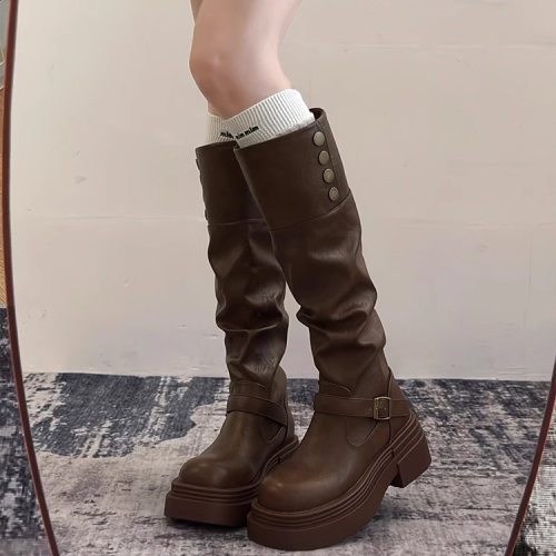 復古百搭英倫風長筒靴女2025年新款秋冬季厚底增高顯瘦高筒騎士靴