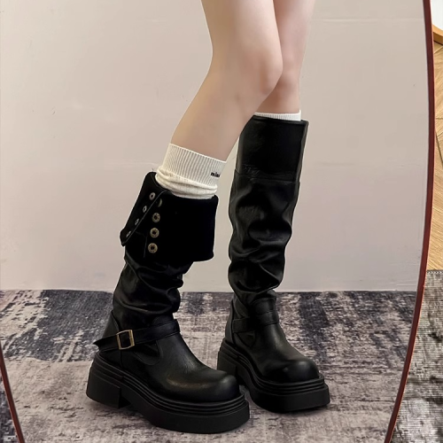 復古百搭英倫風長筒靴女2025年新款秋冬季厚底增高顯瘦高筒騎士靴