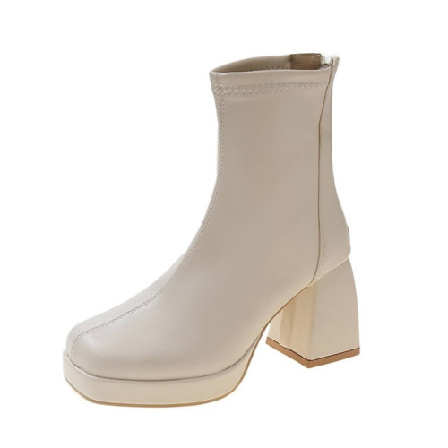 韓系小踝靴女鞋秋冬2022年新款粗跟厚底防水台馬丁靴法式高跟短靴