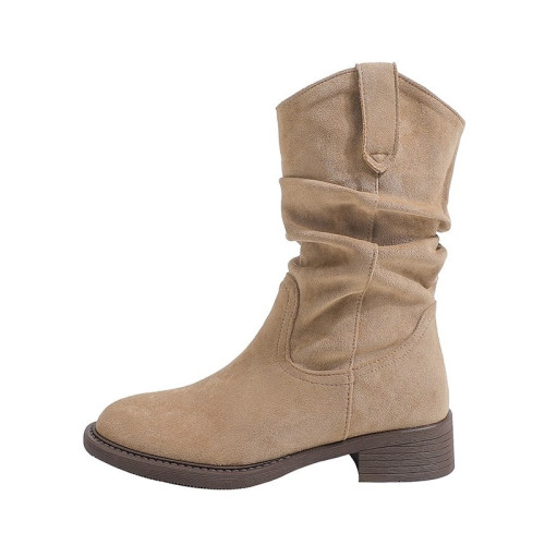 品牌真皮美拉德短靴女2026年新款復古馬丁靴粗跟堆堆靴西部牛仔靴