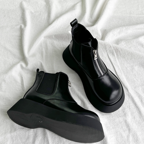 真皮厚底馬丁靴女黑色拉鍊短靴英倫風2025新款秋冬增高切爾西靴