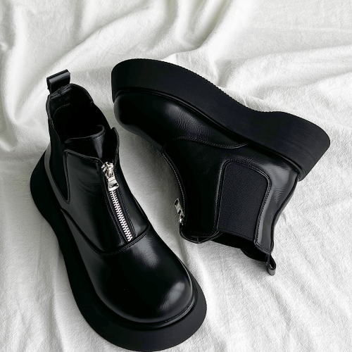 真皮厚底馬丁靴女黑色拉鍊短靴英倫風2025新款秋冬增高切爾西靴