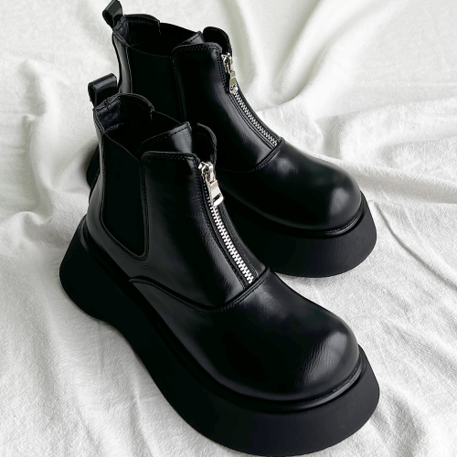 真皮厚底馬丁靴女黑色拉鍊短靴英倫風2025新款秋冬增高切爾西靴