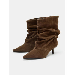 ZA2025秋冬新款牛反絨褶皺貓跟短筒靴尖頭氣質堆堆靴時尚百搭短靴