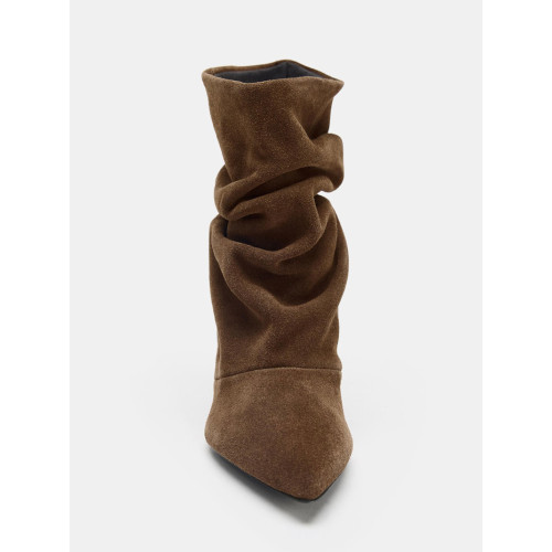 ZA2025秋冬新款牛反絨褶皺貓跟短筒靴尖頭氣質堆堆靴時尚百搭短靴