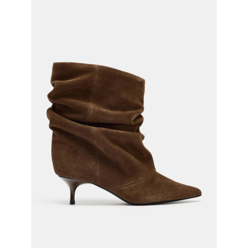 ZA2025秋冬新款牛反絨褶皺貓跟短筒靴尖頭氣質堆堆靴時尚百搭短靴