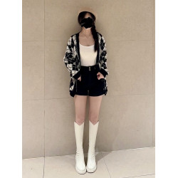 白色小鳥腿長靴高跟長筒靴女粗跟細腿靴v口高筒騎士靴厚底瘦瘦靴