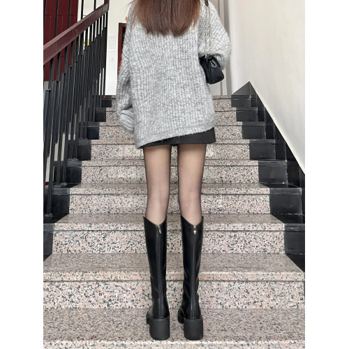 白色小鳥腿長靴高跟長筒靴女粗跟細腿靴v口高筒騎士靴厚底瘦瘦靴