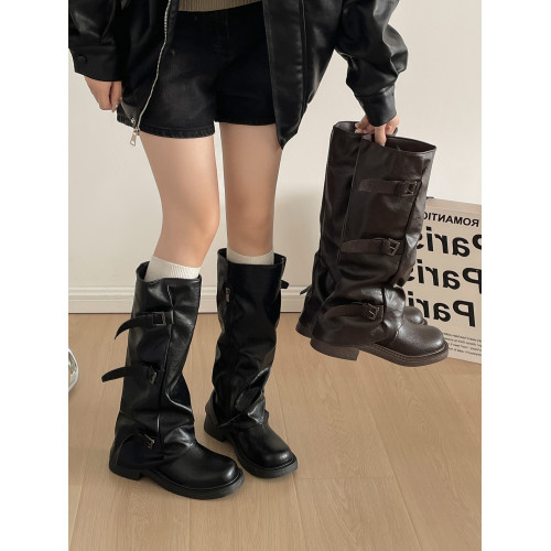 黑色英倫風粗跟增高靴子女長筒靴2026新款秋冬配裙子顯瘦褲琯長靴