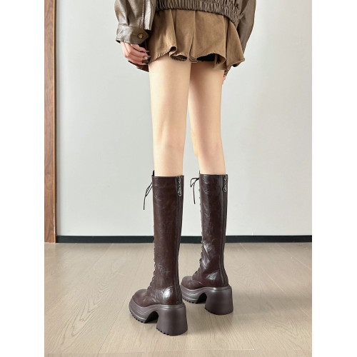 牛皮版內增高11cm顯瘦系帶長靴女粗跟秋冬新款長筒厚底高筒騎士靴