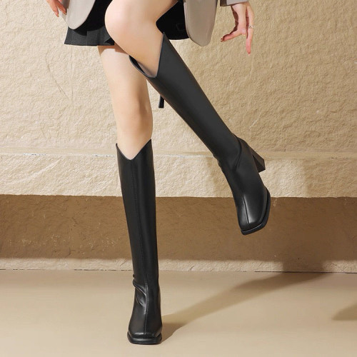 2025新款彈力方頭粗跟V口長筒靴女後拉鍊顯瘦不過膝高筒騎士長靴