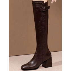 品牌2024冬季新款真皮長筒靴女方頭顯瘦高跟靴子時尚小個子高筒靴