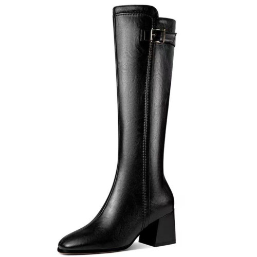 品牌2024冬季新款真皮長筒靴女方頭顯瘦高跟靴子時尚小個子高筒靴