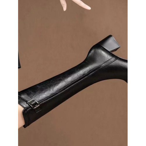 品牌2024冬季新款真皮長筒靴女方頭顯瘦高跟靴子時尚小個子高筒靴