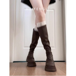 2026新款長靴女厚底高筒顯瘦秋冬中筒靴堆堆靴小個子瘦瘦靴子黑色