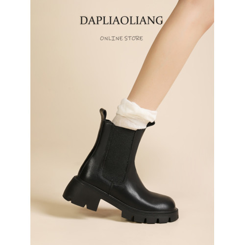 大漂亮厚底切爾西靴女加絨英倫風馬丁靴棕色菸筒靴大碼短靴41一43