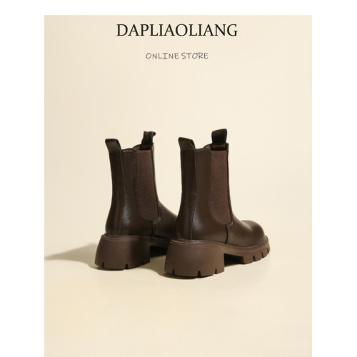 大漂亮厚底切爾西靴女加絨英倫風馬丁靴棕色菸筒靴大碼短靴41一43