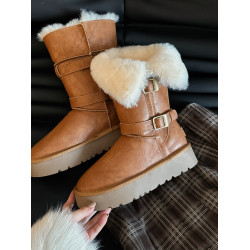 品牌真皮中筒騎士雪地靴女2025新款冬季加絨加厚保暖防水厚底棉鞋