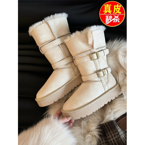 品牌真皮中筒騎士雪地靴女2025新款冬季加絨加厚保暖防水厚底棉鞋