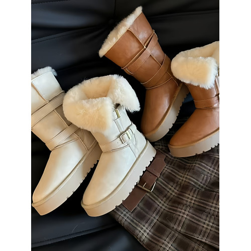 品牌真皮中筒騎士雪地靴女2025新款冬季加絨加厚保暖防水厚底棉鞋