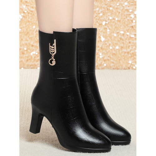 中筒靴高跟女2025秋冬季加絨保暖中年女士靴子氣質高跟時裝靴棉靴