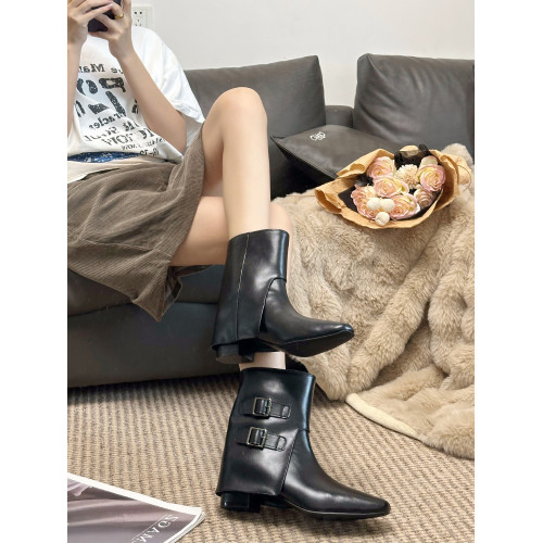 巨好看的復古真皮褲琯短靴女款2025新款冬季粗跟黑色加絨馬丁靴子