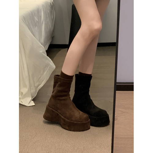 賈不假短靴女2026新款春季爆款氣質高跟鞋黑色厚底靴子舒適瘦瘦靴