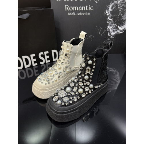 重工珍珠水鑽松糕厚底復古菸筒靴2026秋冬季新款洋氣小短靴子女鞋