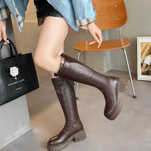 2025秋冬加絨新款女靴真皮長筒靴時尚高筒菸筒靴顯瘦粗跟瘦瘦靴6