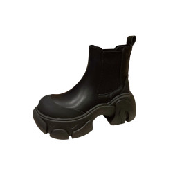 2024秋季新款韓版顯瘦菸筒靴純色牛皮套筒圓頭高跟厚底短靴女靴子