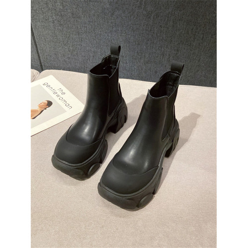 2024秋季新款韓版顯瘦菸筒靴純色牛皮套筒圓頭高跟厚底短靴女靴子