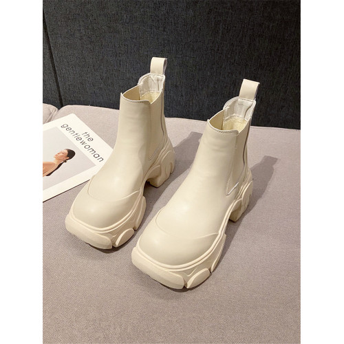 2024秋季新款韓版顯瘦菸筒靴純色牛皮套筒圓頭高跟厚底短靴女靴子