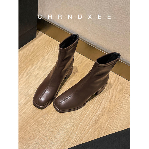 羊皮版~復古方頭短靴女冬季新款後拉鍊彈力瘦瘦靴粗跟高跟馬丁靴