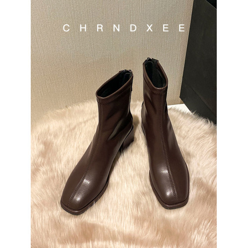 羊皮版~復古方頭短靴女冬季新款後拉鍊彈力瘦瘦靴粗跟高跟馬丁靴