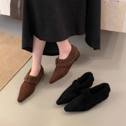 尖頭加絨女2025秋冬季新款女鞋配裙子淺口平底鞋通勤瓢鞋加絨鞋子