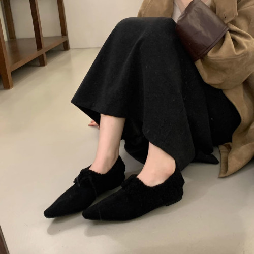 尖頭加絨女2025秋冬季新款女鞋配裙子淺口平底鞋通勤瓢鞋加絨鞋子