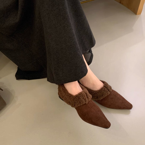 尖頭加絨女2025秋冬季新款女鞋配裙子淺口平底鞋通勤瓢鞋加絨鞋子