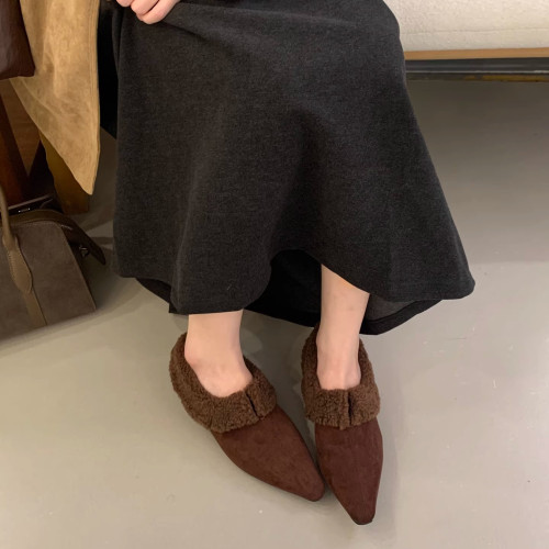 尖頭加絨女2025秋冬季新款女鞋配裙子淺口平底鞋通勤瓢鞋加絨鞋子