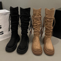 厚底棕色美拉德長靴女2025新款秋冬季廢土風堆堆靴高筒騎士長筒靴