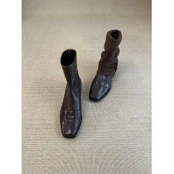 歐洲站復古方頭短靴顯瘦後拉鍊通勤氣質粗跟瘦瘦靴馬丁靴及踝裸靴