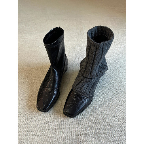 歐洲站復古方頭短靴顯瘦後拉鍊通勤氣質粗跟瘦瘦靴馬丁靴及踝裸靴