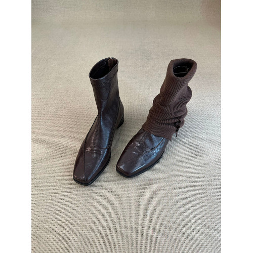 歐洲站復古方頭短靴顯瘦後拉鍊通勤氣質粗跟瘦瘦靴馬丁靴及踝裸靴