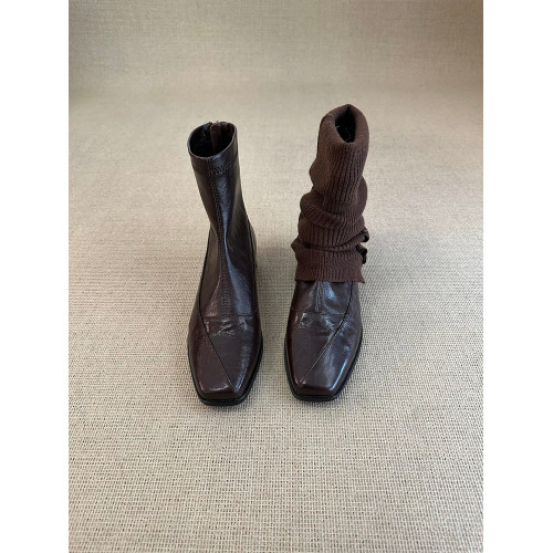 歐洲站復古方頭短靴顯瘦後拉鍊通勤氣質粗跟瘦瘦靴馬丁靴及踝裸靴