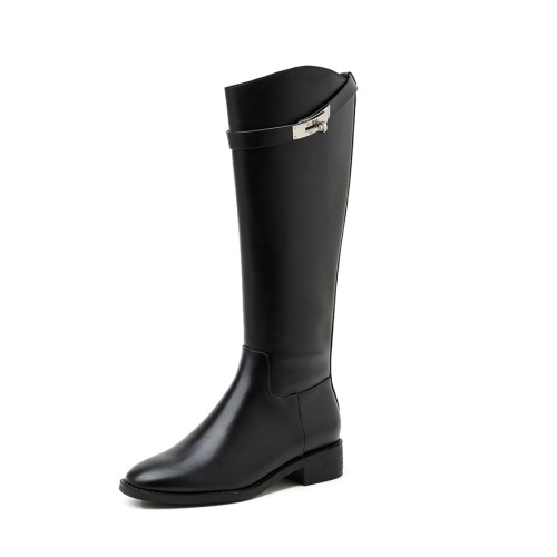 長靴女不過膝子2025秋季新款真皮長筒靴女英倫風皮釦高筒騎士靴女