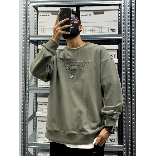 500g重磅壓花長袖衛衣美式復古寬鬆圓領加絨加厚套頭衫男秋冬上衣